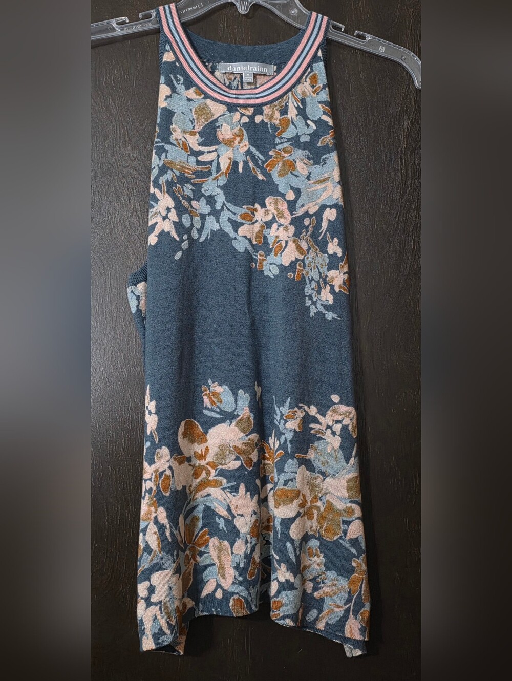 Daniel Rainn Dark Green Floral Sweater Halter Tank Striped Neckline Size XL